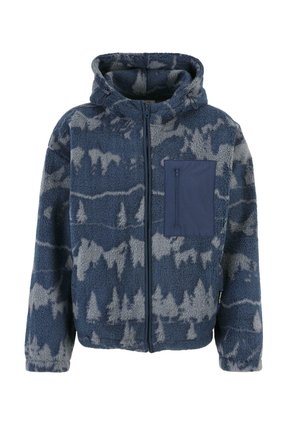 Blue fleece jacket with a gray tree pattern, zip front, adjustable hood, and a chest pocket. Features a soft, textured fabric.