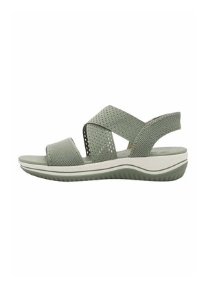 Zelene sandale od mreže s dizajnom križnog remena, teksturiranim gornjim dijelom i bijelim gumenim potplatom. Imaju perforacije za prozračnost i udobnost.