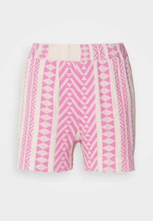 Rosa und cremefarbene Shorts mit geometrischen Mustern. Verfügt über einen strukturierten, elastischen Bund und eine lockere Passform.