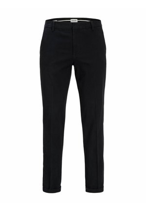 Pantalon noir coupe slim avec passants de ceinture, braguette sur le devant et bas retroussés, sur fond blanc.