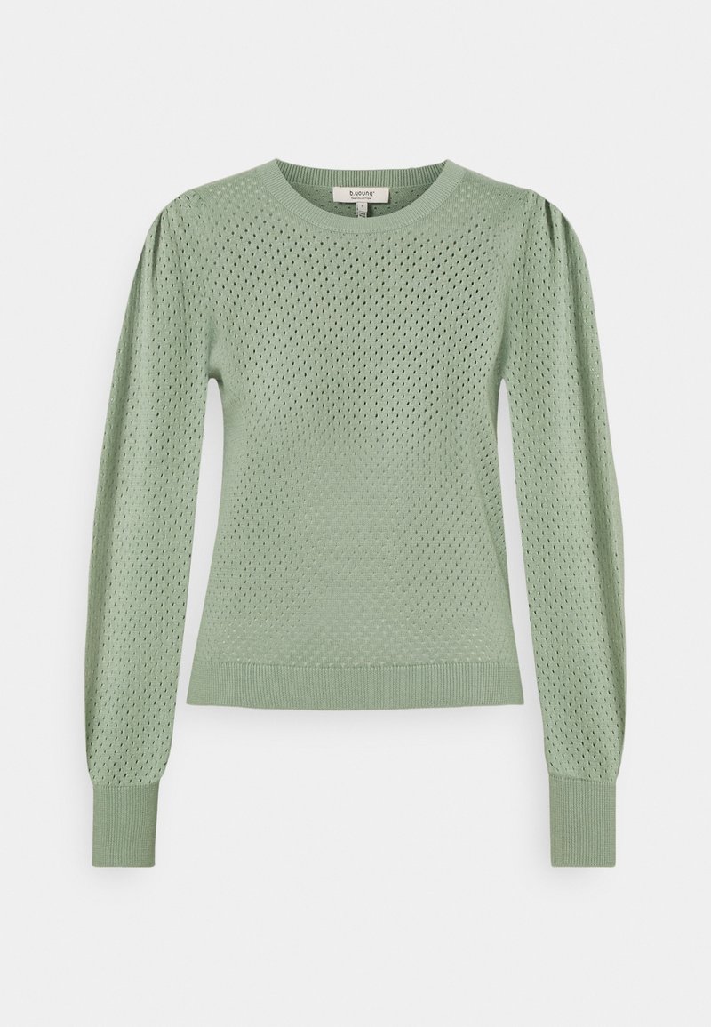 Pull en maille vert clair à manches longues avec motif ajouré, poignets et ourlet côtelés, et col rond.