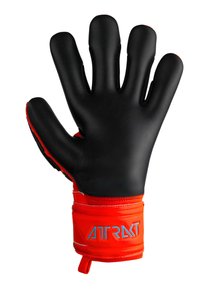 Czarny rękawiczka bramkarska z teksturowaną powierzchnią, czerwoną opaską na nadgarstek i niebieskim brandingiem. Posiada pięciopalczasty design, zapewniający chwyt i kontrolę.