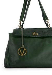 Green leather handbag with a textured surface, featuring gold hardware, a decorative V charm, and a structured design with dual straps.