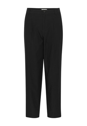 Pantaloni neri con un design su misura, caratterizzati da pieghe frontali, gamba dritta, passanti per cintura e chiusura con bottone. Tessuto di consistenza liscia.