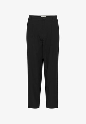 Pantaloni neri con un design su misura, caratterizzati da pieghe frontali, gamba dritta, passanti per cintura e chiusura con bottone. Tessuto di consistenza liscia.