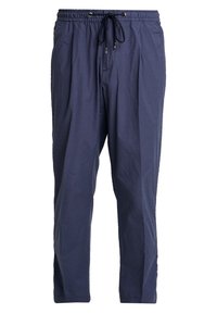 Marinblå avslappnade byxor med elastisk midja och svart snörning, med sidofickor och en lös, rak passform.