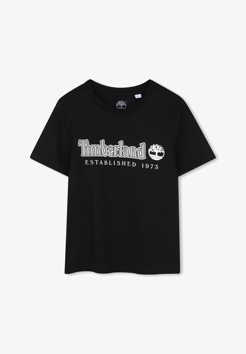 T-shirt noir en coton à manches courtes, avec texte imprimé blanc « Timberland » et « Established 1973 », accompagné d'un logo.