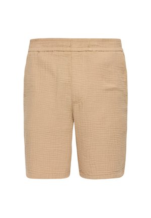 Shorts beige en tissu texturé, avec une taille élastique et une coupe longueur genoux. Pas de poches visibles ni de détails en métal.
