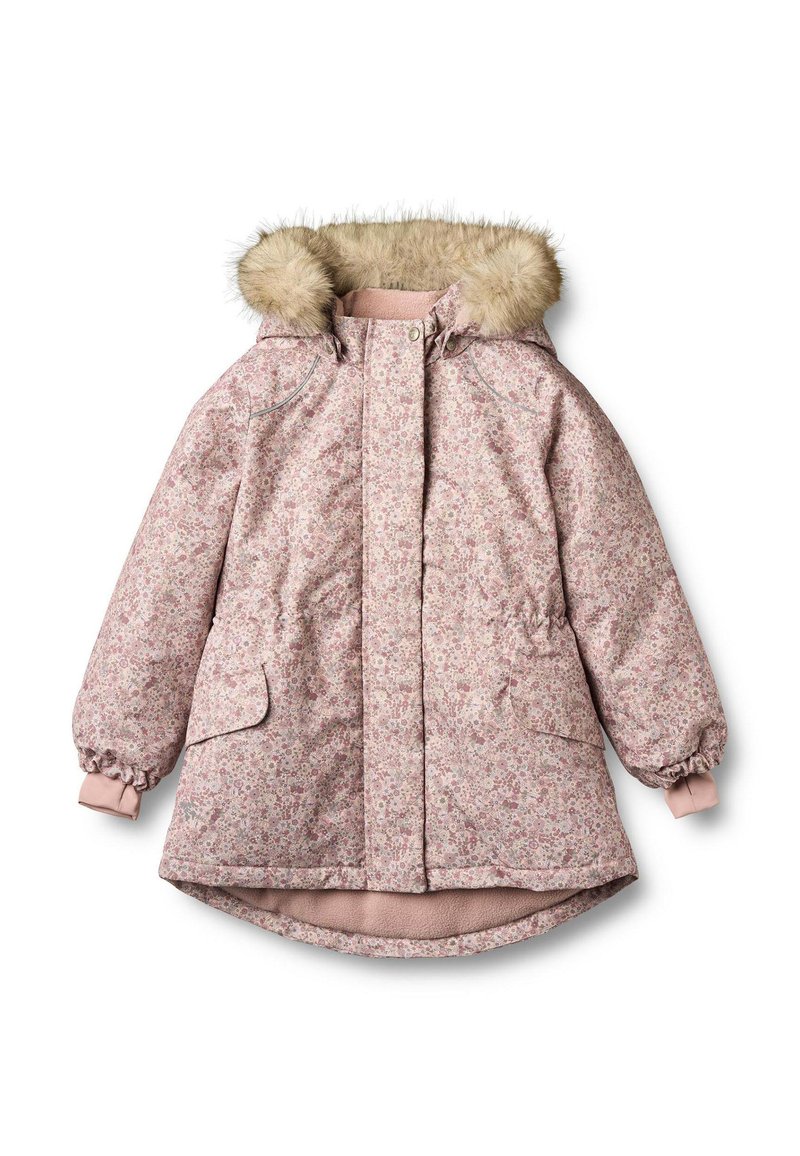 Rožinės spalvos striukė su gėlių raštu, kailiu pamuštu gobtuvu, elastinėmis rankogaliais, dviem šoniniais kišenėmis ir šiltu, paminkštintu vidumi. Paslėptas priekinis užsegimas.