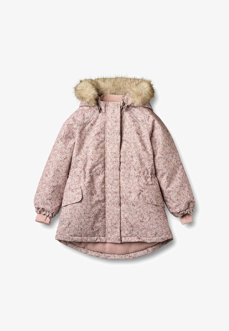 Różowa kurtka w kwiatowy wzór z kapturem podszytym futerkiem, elastycznymi mankietami, dwoma bocznymi kieszeniami i ciepłym, pikowanym wnętrzem. Ukryte zapięcie z przodu.