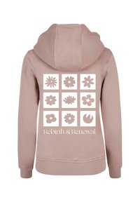 Ljusrosa hoodie med en framficka, prydd med nio blommönster och texten "Återfödelse & Förnyelse" i vitt på baksidan.