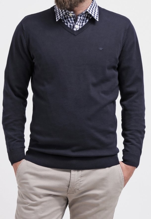 Homme portant un pull bleu marine en V par-dessus une chemise à carreaux bleue et blanche avec un pantalon beige, mains dans les poches, debout.