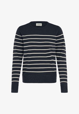 Tamnoplavi pulover s horizontalnim kremastim prugama, okruglim izrezom, rebrastim rukavima i rubom. Napravljen od mekanog pletenog materijala.