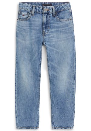 Jasnoniebieskie dżinsy z denimu o prostych nogawkach, w stylu z pięcioma kieszeniami, z delikatnym blaknięciem. Wyposażone w metalowy guzik i zapięcie na zatrzask.