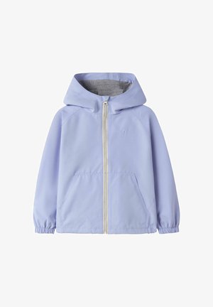 Veste à capuche violet clair avec fermeture éclair sur le devant, poignets élastiques et deux poches avant, présentée sur un fond blanc.