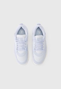 Un paio di scarpe Air Jordan blu chiaro e bianche viste dall'alto su uno sfondo bianco semplice.