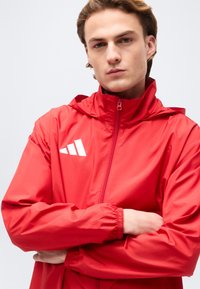 Νεαρός άνδρας με ανοιχτό καστανά μαλλιά, φοράει κόκκινο μπουφάν με φερμουάρ και λευκό γεωμετρικό λογότυπο στο στήθος, με σταυρωμένα τα χέρια και ουδέτερη έκφραση.