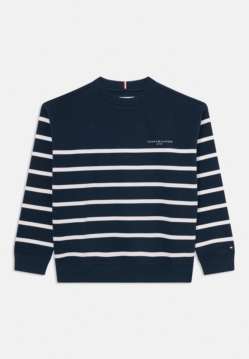 Felpa navy con righe bianche orizzontali. Presenta un collo a giro, polsini e orlo a coste, e un piccolo logo ricamato sul petto.
