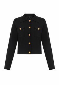 Veste courte noire à manches longues avec large col, deux poches poitrine et cinq boutons dorés décoratifs sur le devant.