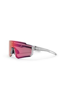 Ochelari de soare cu ramă din plastic transparent și design unghiular, având lentile cu gradient de la roz la roșu și formă geometrică.