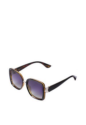 Ochelari de soare pătrați cu un cadru negru și cu model de broască țestoasă, lentile violet cu gradient, accente argintii pe balama și brațe negre elegante.