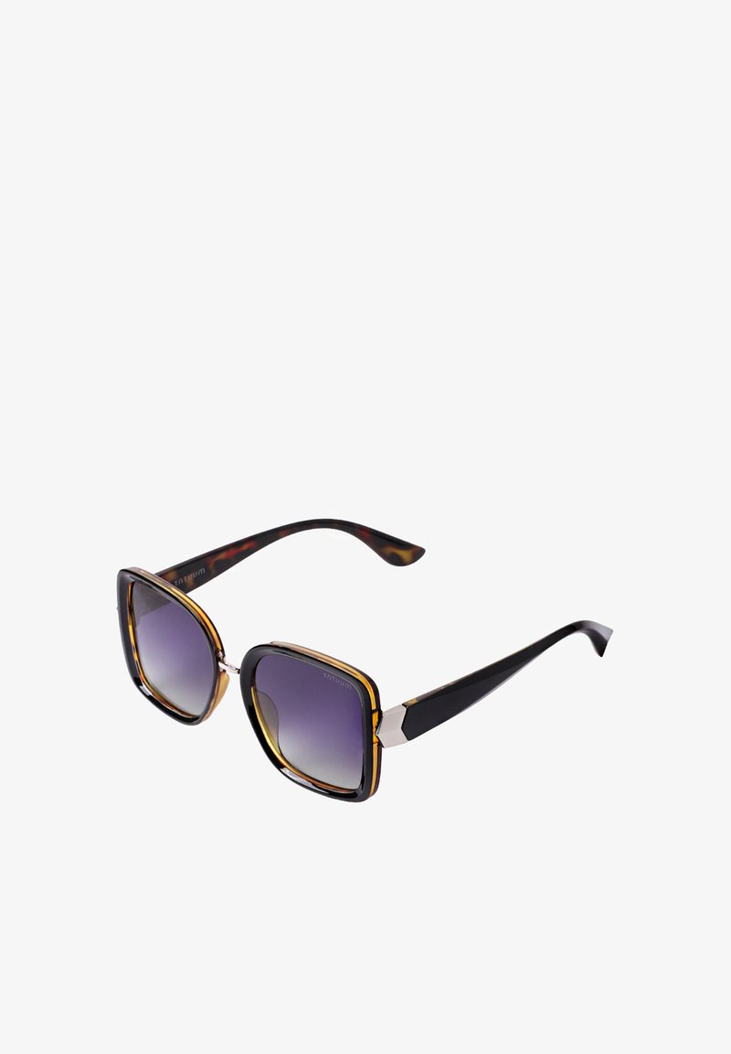 Čtvercové sluneční brýle s černým a želvovinovým rámem, gradientní fialové čočky, stříbrné akcenty na pantu a elegantní černé nožičky.
