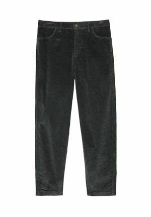 Dunkelgraue Cordhosen mit geradem Schnitt, Fünf-Taschen-Design und strukturierten vertikalen Rippungen. Ein einzelner Metallknopfverschluss.