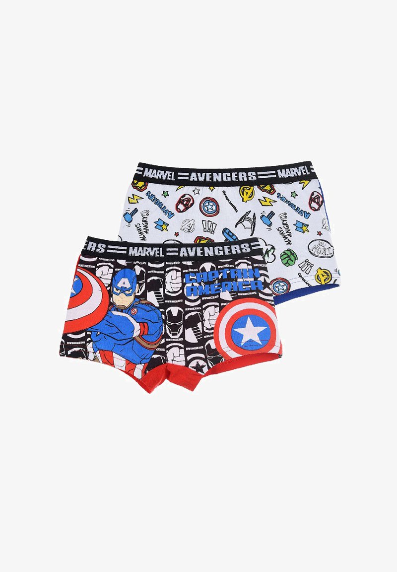 Zwei Paare aus Baumwolle bestehender Boxershorts mit Marvel Avengers Designs. Eines hat ein Captain America Motiv, das andere zeigt bunte Helden-Symbole.