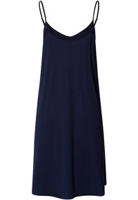 Abito senza maniche di colore blu navy con scollatura a V, realizzato in tessuto morbido. Presenta spalline sottili e regolabili e una vestibilità rilassata che scivola delicatamente.