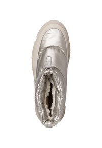 Botte en métal argenté avec une tige rembourrée, doublure en fausse fourrure douce et semelle en caoutchouc. Elle est dotée d'un système de réglage par toggle pour un ajustement à la cheville.