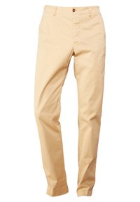 Beige cotton pants featuring a straight-leg design, a button closure, and a smooth texture. No visible patterns or additional details.