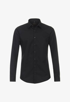 Schwarzes Langarmhemd mit Button-Down-Kragen, mit einer glatten Textur und dezentem Glanz. Fünf Vorderknöpfe und körperbetontes Design.