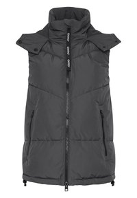 Gilet matelassé gris foncé. Caractéristiques : col montant, fermeture éclair à l'avant, deux poches latérales et motif matelassé pour l'isolation.
