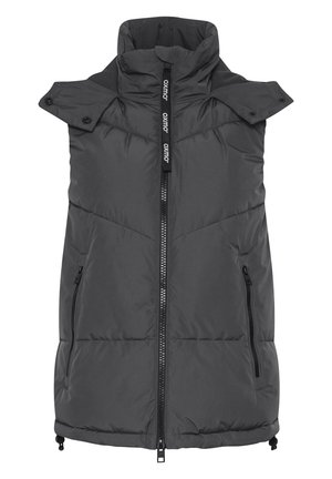 Puffervest i mørkegrå. Har høj krave, frontlynlås, to sidelommer og quiltet mønster til isolering.