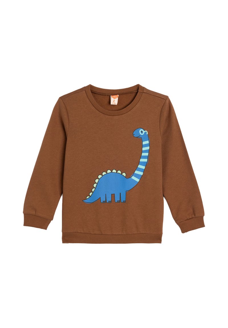Brązowy sweatshirt z graficznym motywem niebieskiego dinozaura, jasnoniebieskimi paskami i zielonymi akcentami. Żebrowane mankiety i dekolt.