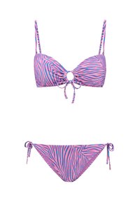 Bikini set s ružičastim i plavim uzorkom zebre. Gornji deo ima podesive naramenice i kružni detalj u središtu. Donji deo ima bočne veze.