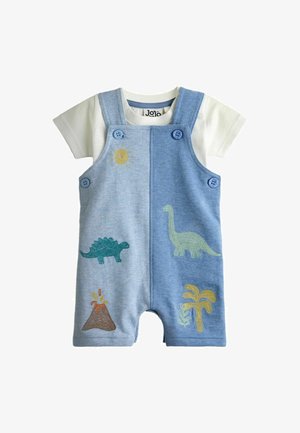 Baby-onesie med blå seler med broderi af dinosaur, vulkan, palme og sol over en hvid kortærmet skjorte.