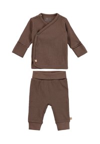 Braunes, geripptes Baby-Outfit bestehend aus einem Wickeloberteil mit langen Ärmeln und Knopfdetail sowie passenden Hosen mit elastischem Bund.