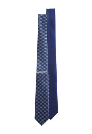 Two narrow blue ties, one solid dark blue and the other with a light blue geometric pattern, paired with a silver tie clip.