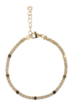 Brățară cu dublu lanț aurie, cu accente de discuri rotunde mici și închidere cu clemă reglabilă.