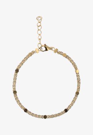 Brățară cu dublu lanț aurie, cu accente de discuri rotunde mici și închidere cu clemă reglabilă.