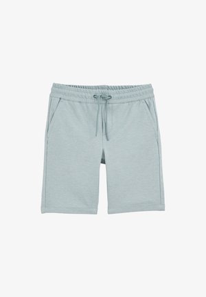 Jasnoniebieskie, casualowe szorty z elastycznym pasem, sznurkiem i bocznymi kieszeniami, prezentowane na białym tle.