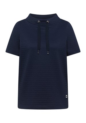 Marineblå tekstureret kortærmet top med høj krave og to snore, der hænger foran.