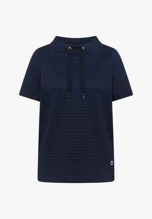 Marineblaues, strukturiertes Kurzarmoberteil mit hohem Kragen und zwei vorne hängenden Zugschnüren.