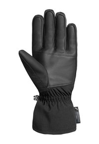 Schwarze Lederhandschuhe mit strukturierter Oberfläche, fünf Fingern, elastischem Handgelenkbund und einem Zugband für einen sicheren Sitz. Wasserdichte Kennzeichnung vorhanden.