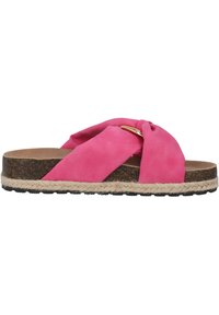 Sandalias de ante rosa sin hebilla con un diseño de tiras retorcidas. Cuentan con una suela intermedia de corcho y detalles de yute texturizado a lo largo de la suela.