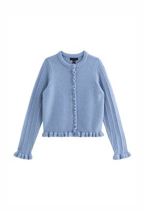 Cardigan tricoté bleu clair avec un col rond, une fermeture par boutons, des poignets côtelés et un ourlet évasé. Présente un motif texturé sur les manches.