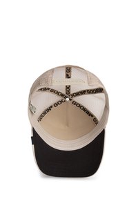 Beige and black cap with a structured bill, mesh back, and a branded inner band. Soft fabric and flat stitching on the seams.