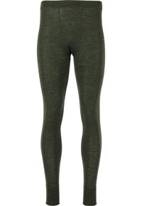 Olivgröna leggins gjorda av mjukt, stretchigt material; åtsittande design med en slät yta och stängd fåll vid ankeln.