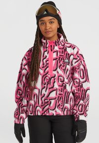 Fleece pullover featuring a pink and white abstract pattern, with a high collar, half-zip closure, and black accents. Black gloves included.